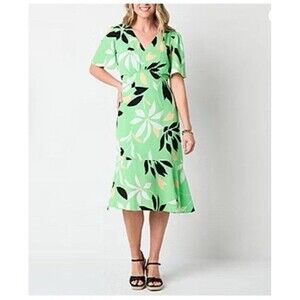 Liz Claiborne Size 16 Mint Green Bias Cut Flutter Sleeve MIDI Dress Floral